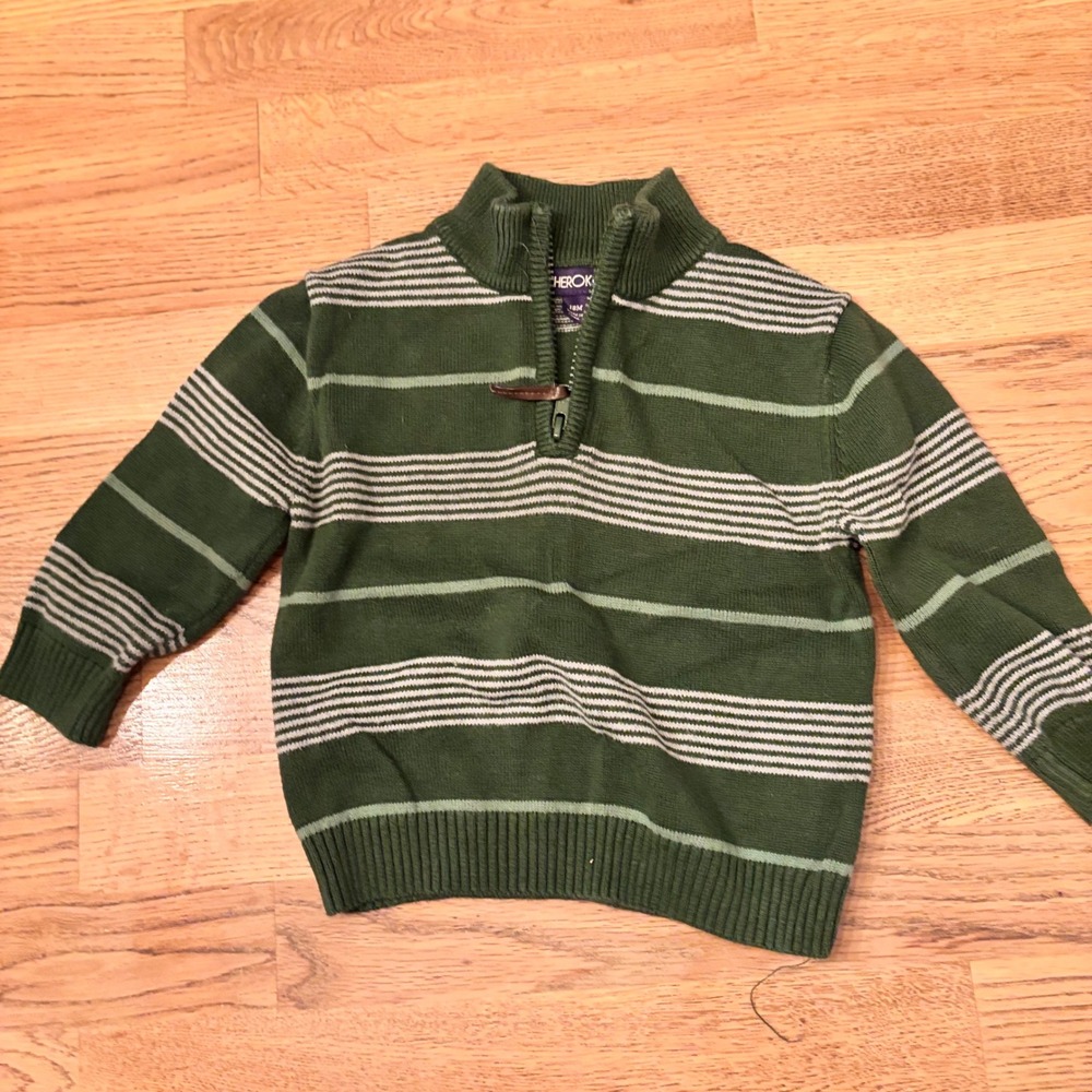 Cherokee Boys‎ Green Striped Quarter Zip Sweater w/ Elbow Patches Size 18M Cozy